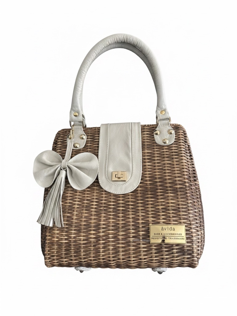 Avida Woven Straw Tote with Cream Trim and Bow